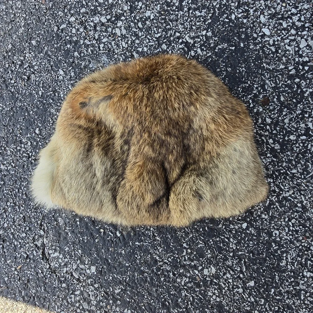 Vtg 1960s Real Rabbit Fur Pillbox Hat Natural Brown Gray Russian Style Satin Lin